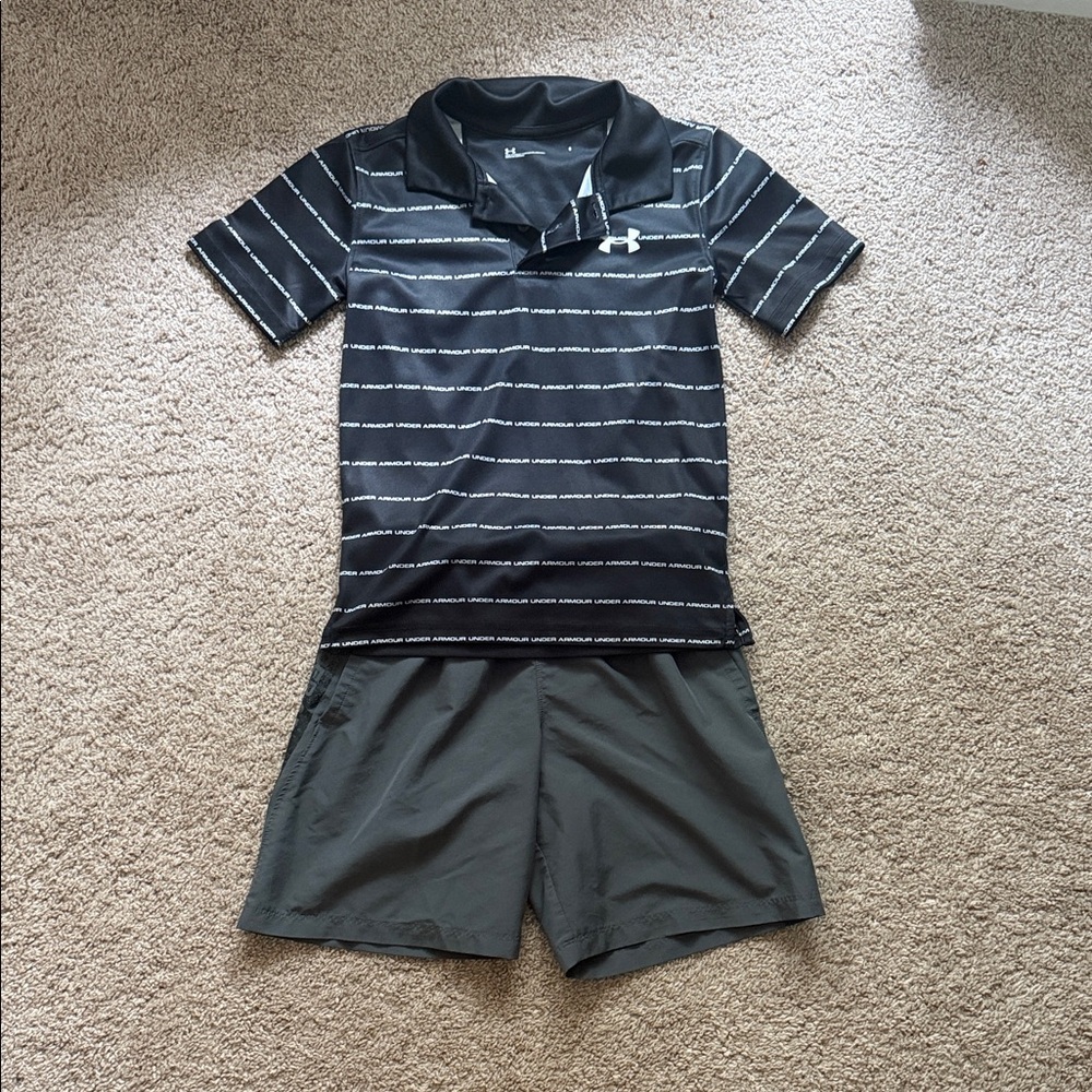 Under Armour Black and Gray Polo Shirt with UA gray shorts